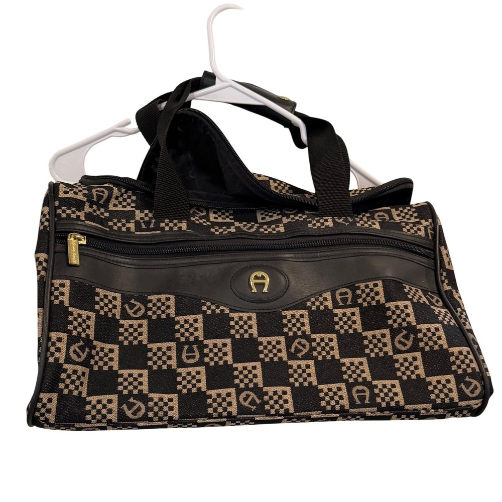 VTG Etienne Aigner Monogram Checkerboard Duffel Bag Black Tan Travel Weekender